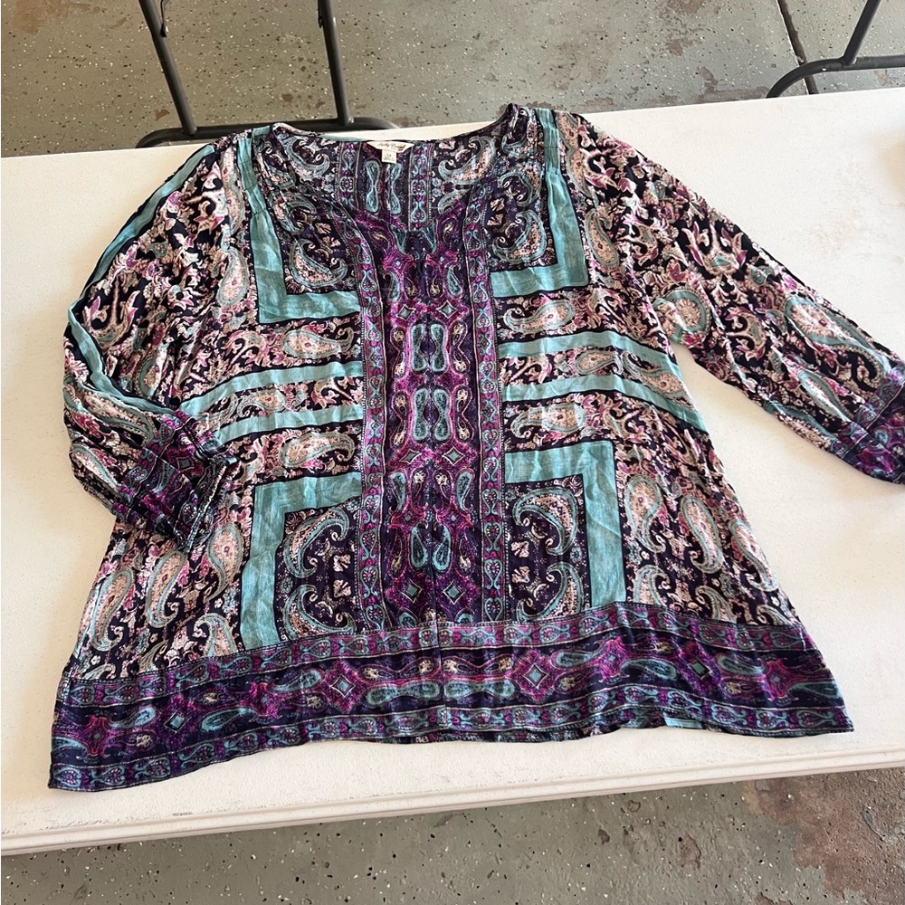 Lucky Brand Purple and Teal Paisley peasant boho Blouse shirt